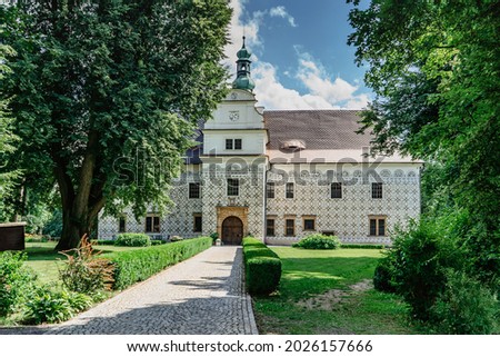 Chateau Doudleby nad Orlici,Czech Republic.Renaissance castle with graffito facade surrounded by English park.It was used as summer residence and hunting lodge.Sightseeing in Czech countryside Royalty-Free Stock Photo #2026157666