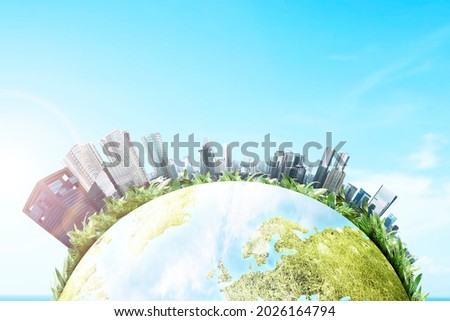 Earth with modern buildings and skyscrapers above it. Environment concept