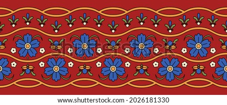 Seamless vector pattern for textile decoration. Border with classic floral folk ornament. 