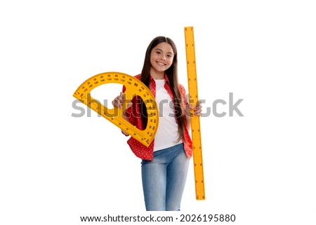 mathematics. smiling teen girl hold protractor ruler. back to school. algebra and geometry