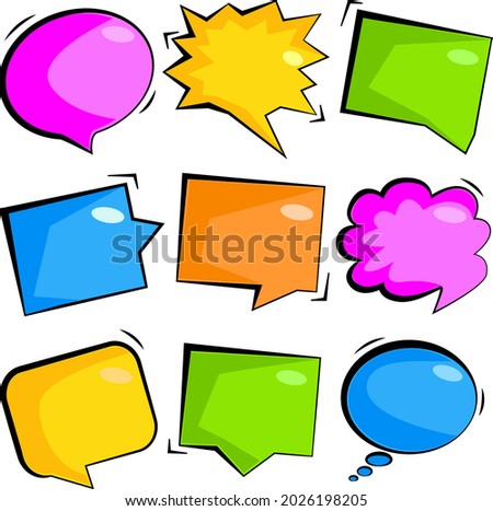 A cloud of thought. A set of 9 multi-colored speech bubbles. Templates with space for text.