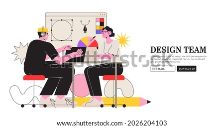 Web design studio or team working on laptops and discuss new project visualization. Creative or educational process banner, ad, landing page or poster for web design studio job or career and courses. Royalty-Free Stock Photo #2026204103