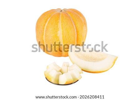 Whole melon, slices and chopped isolated on white background. Ripe vegetable