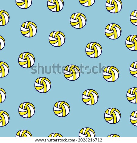 volleyball illustration on blue background. yellow and white color with blue outline. seamless pattern. hand drawn vector. doodle art for wallpaper, wrapping paper, backdrop, fabric. sport icon. 