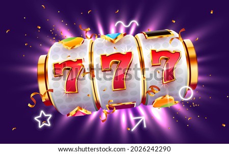 Golden slot machine wins the jackpot. 777 Big win concept. Casino jackpot. Vector illustration Royalty-Free Stock Photo #2026242290