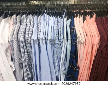 Men different shirt on hanger. Official men wear in shop, 


