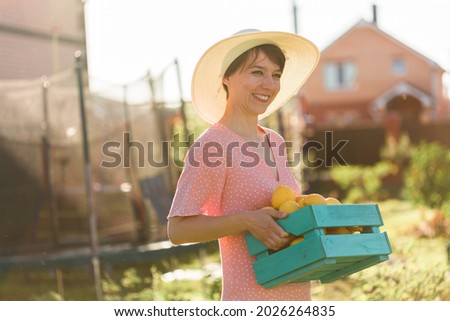 Young caucasian positive woman gardener in hat and pink dress holds box with lemons in her hands on sunny summer day. Concept of farming and organic gardening