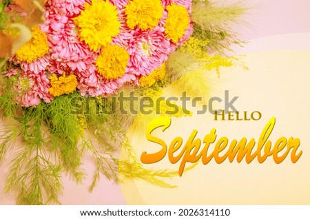 Hello September wallpaper, autumn background with yellow pink flowers