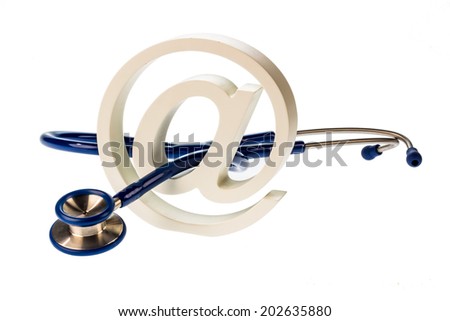 an email sign and a stethoscope on a white background. symbolic photo for internet in the doctor's office.