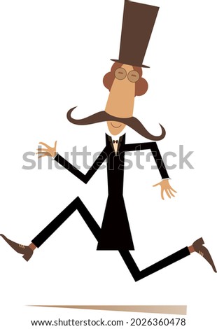 Comic runner mustache man in the top hat isolated illustration