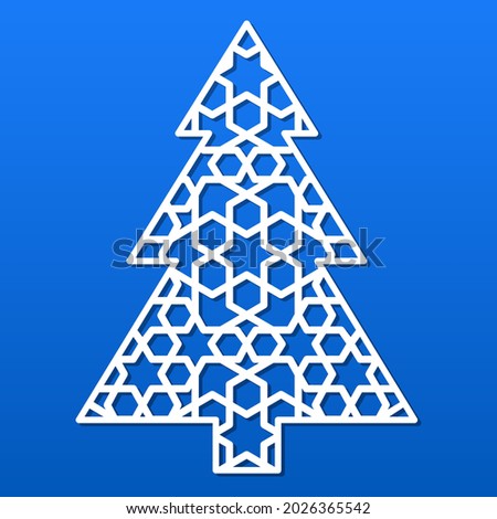 Christmas vector tree with arabic pattern. Template for laser, paper cutting. Decorative ornate illustration. Silhouette for cards, flyers, print. Modern design for winter holidays. Home decoration.