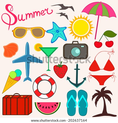Summer items for fun and travel. Bright cartoon style illustration