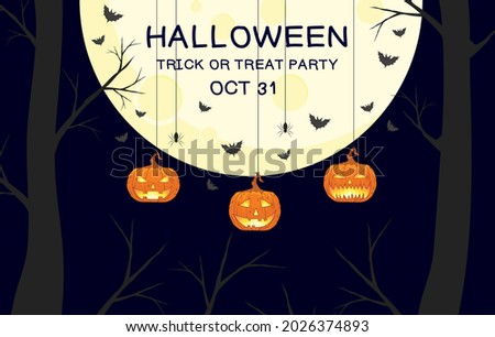 Happy Halloween banner or party invitation background with night bats, pumpkin jack o lantern vector illustrations. Full moon tree spider web. Place for text.