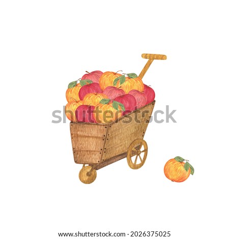 Wooden cart with sweet ripe apples, Thanksgiving, harvest time, autumn holidays celebration decor watercolor illustration, healthy diet concept