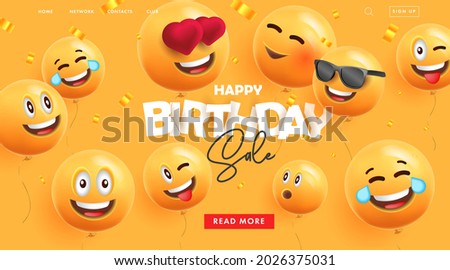 Birthday web banner for landing page promo ad with festive 3d round balloons with happy smiling faces expressions and confetti Royalty-Free Stock Photo #2026375031