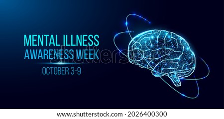 Mental illness awareness week concept. Banner with glowing low poly wireframe brain. Futuristic modern abstract. Isolated on dark blue background. Vector illustration.
