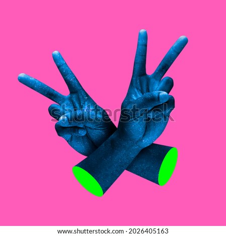Modern art collage in pop-art style. Contemporary minimalistic artwork in neon bold colors with hands showing victory sign. Psychedelic design pattern. Template with space for text. Royalty-Free Stock Photo #2026405163