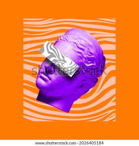 Surrealism. Modern conceptual artwork with ancient statue head replica isolated over neon abstract background. Purple, bright orange. Collage of contemporary art. Fashion design.