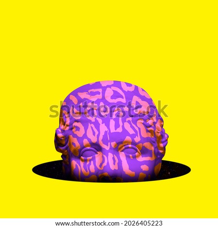 Split. Collage with plaster head statue isolated on bright yellow background. Copy space for ad, text. Modern design. Line art. Surrealism. Modern unusual art. Neon light