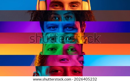 Collage of close-up male and female eyes isolated on colored neon backgorund. Multicolored stripes. Flyer with copy space for ad. Concept of equality, unification of all nations, ages and interests Royalty-Free Stock Photo #2026405232