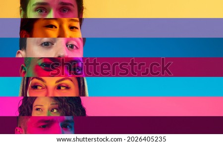 Collage of close-up male and female eyes isolated on colored neon backgorund. Multicolored stripes. Flyer with copy space for ad. Concept of equality, unification of all nations, ages and interests Royalty-Free Stock Photo #2026405235