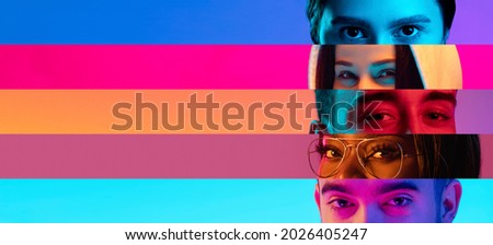 Collage of close-up male and female eyes isolated on colored neon backgorund. Multicolored stripes. Flyer with copy space for ad. Concept of equality, unification of all nations, ages and interests Royalty-Free Stock Photo #2026405247