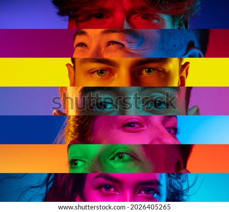 Vertical composite image of close-up male and female eyes isolated on neon backgorund. Multicolored stripes. Concept of equality, human rights, unification of all nations, ages and interests. Royalty-Free Stock Photo #2026405265