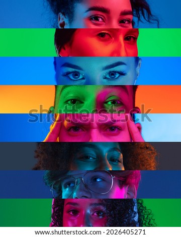 Vertical composite image of close-up male and female eyes isolated on neon backgorund. Multicolored stripes. Concept of equality, human rights, unification of all nations, ages and interests. Royalty-Free Stock Photo #2026405271