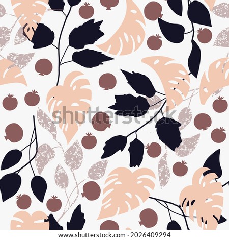Seamless natural autumn pattern, abstract leaves, brown fruits, monstera leaves on a white background. Hand drawing. Design for textiles, wallpapers, printed products. Vector illustration