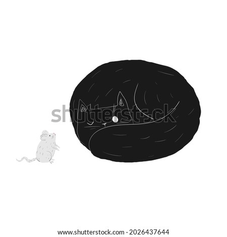 black doodle cat and mouse. sleeping cat. black halloween pet. hand drawing. stock vector flat cartoon illustration.
