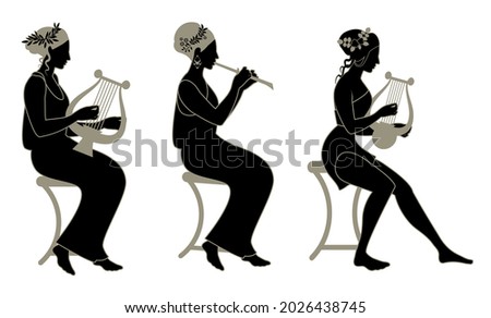 Three old Greek style musician girls, playing lyre, cithara and flute isolated on white background. Greek muses,  Royalty-Free Stock Photo #2026438745
