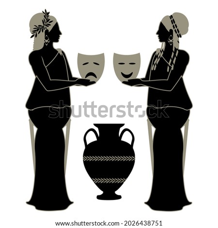 Two girls dressed in ancient Greek style, holding theatrical masks of comedy and tragedy. Greek mythology. Theater muses. Ancient vessel. Isolated on white background. Royalty-Free Stock Photo #2026438751