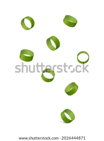 Chopped scallion leaf (green onion slices from different sides) hanging in the air. 
Isolated on white background. Realistic vector illustration.
 Royalty-Free Stock Photo #2026444871