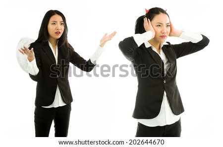Angel side of a young Asian businesswoman scolding devil side isolated on white background