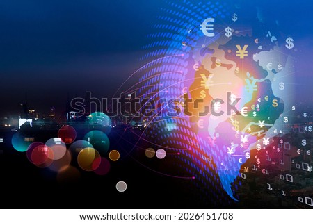 Financial technology concept - Electronic money network on dark blue background. Modern monetary theory