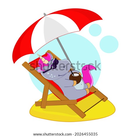 A cute unicorn lies on a sun lounger under an umbrella on the beach with a cocktail in his hands. Cartoon vector illustration for children
