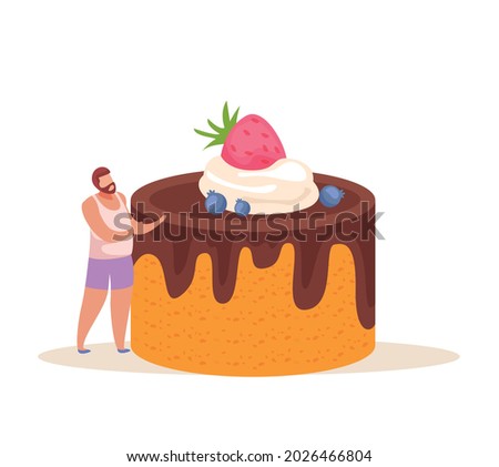 Sweets and people flat composition with male character embracing huge cake with chocolate and berries vector illustration