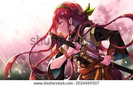 Japanese Girl Anime WarriorJapanese deaushka warrior. Samurai of Japan. Anime pictures Royalty-Free Stock Photo #2026469507