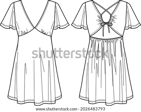 Vector short sleeve V-neck mini dress technical drawing, woman dress with frill detail fashion CAD, sketch, template, flat. Jersey or woven fabric dress with front, back view, white color Royalty-Free Stock Photo #2026483793
