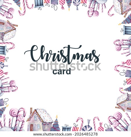 Square graphics template for greeting cards. Watercolor cute clip art with Christmas holidays theme. Frame composition with house, candy cane, lollipop and gifts.