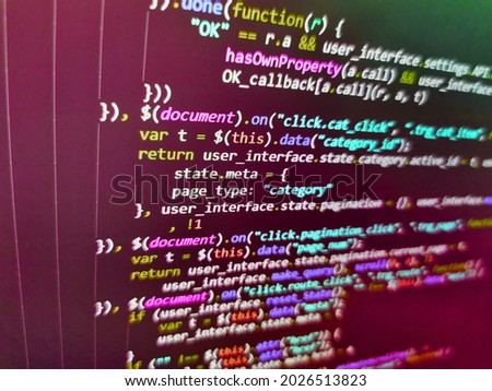 Shallow Depth of Field effect. Digital technology on display. Developing programming binary code. Programmer Typing New Lines of HTML Code. Abstract source code background
