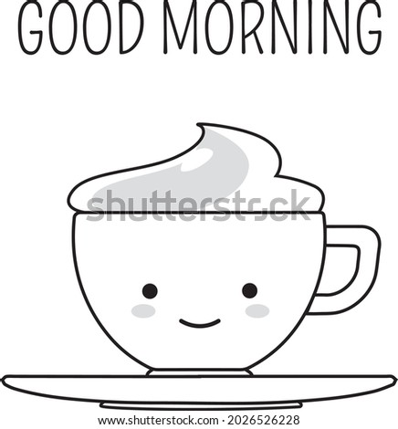 kawaii little mug with smiling emoji face saying good morning