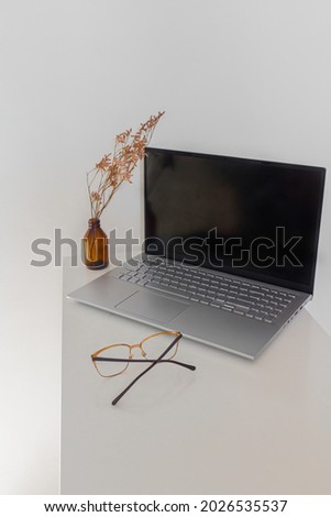 Aesthetic minimalist home office desk workspace on white background. Laptop and stationary on white desk. Business, work concept for blog, website, social media.