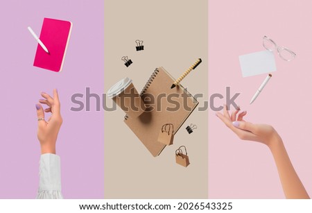Collage with stationery office supplies levitation. Back to school concept Royalty-Free Stock Photo #2026543325
