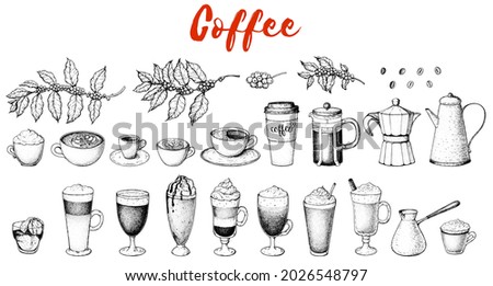 Coffee drink hand drawn collection. Sketch graphic elements for menu design. Vintage vector illustration. Various coffee drinks set. Coffee cups, beans and coffee makers illustration. Royalty-Free Stock Photo #2026548797