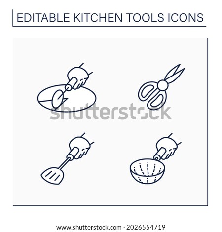 Kitchen tools line icons set. Cooking utensils. Pizza cutter, shears, stainer, spade. Kitchen equipment concept. Isolated vector illustration. Editable stroke