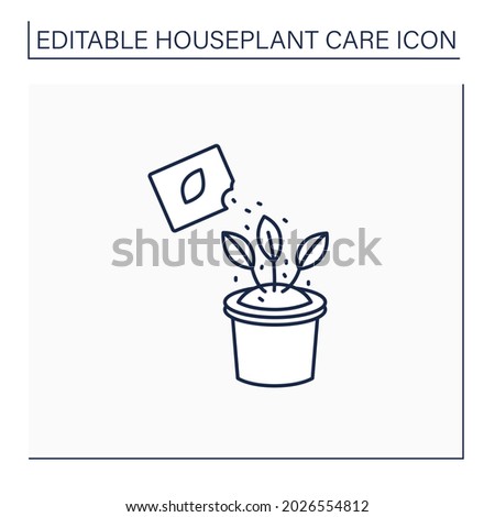Fertilize line icon. Manure houseplant. Home gardening. Beautiful home plant in pot. Houseplant care concept.Isolated vector illustration.Editable stroke