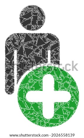 Detritus mosaic add man figure icon. Add man figure mosaic icon of shard items which have various sizes, and positions, and color hues. Vector combination for abstract images.