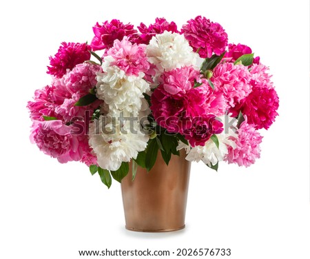 bouquet of white, pink and red peonies in a copper bucket isolated on white background. Royalty-Free Stock Photo #2026576733