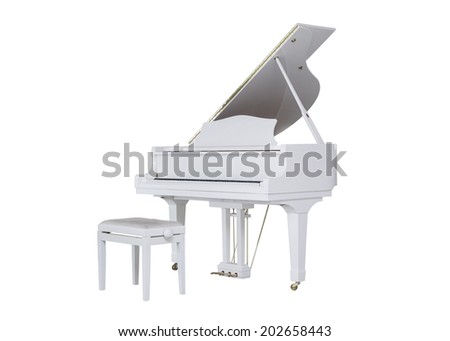 white grand piano on a white background. play music